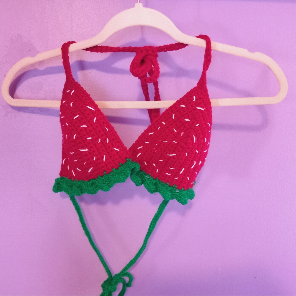 Red and Green Strabarey Crochet Bikini Top